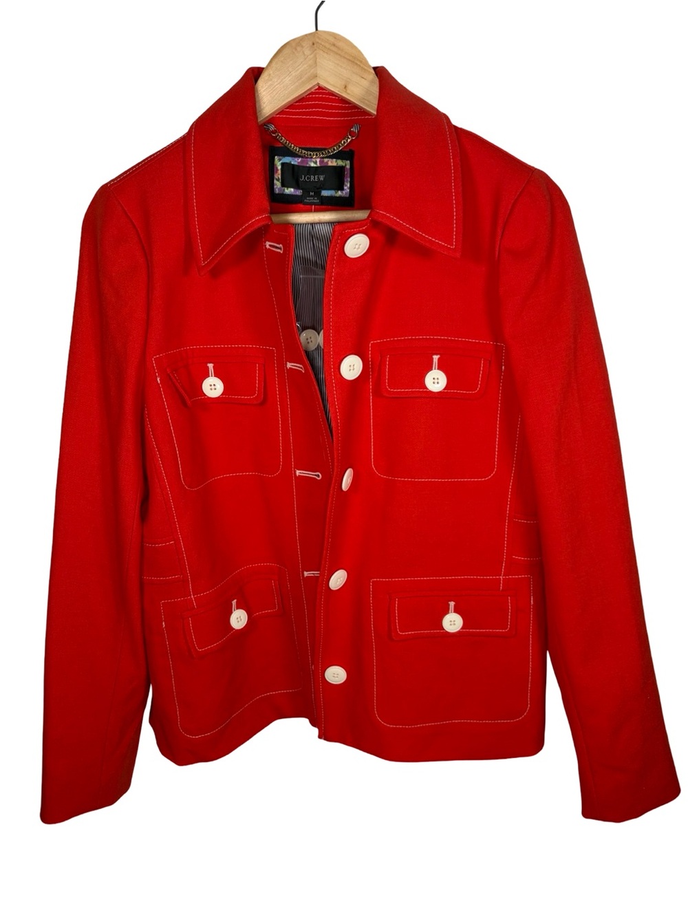 J. Crew contrast stitch Red Coat with Black-and-White Striped Lining